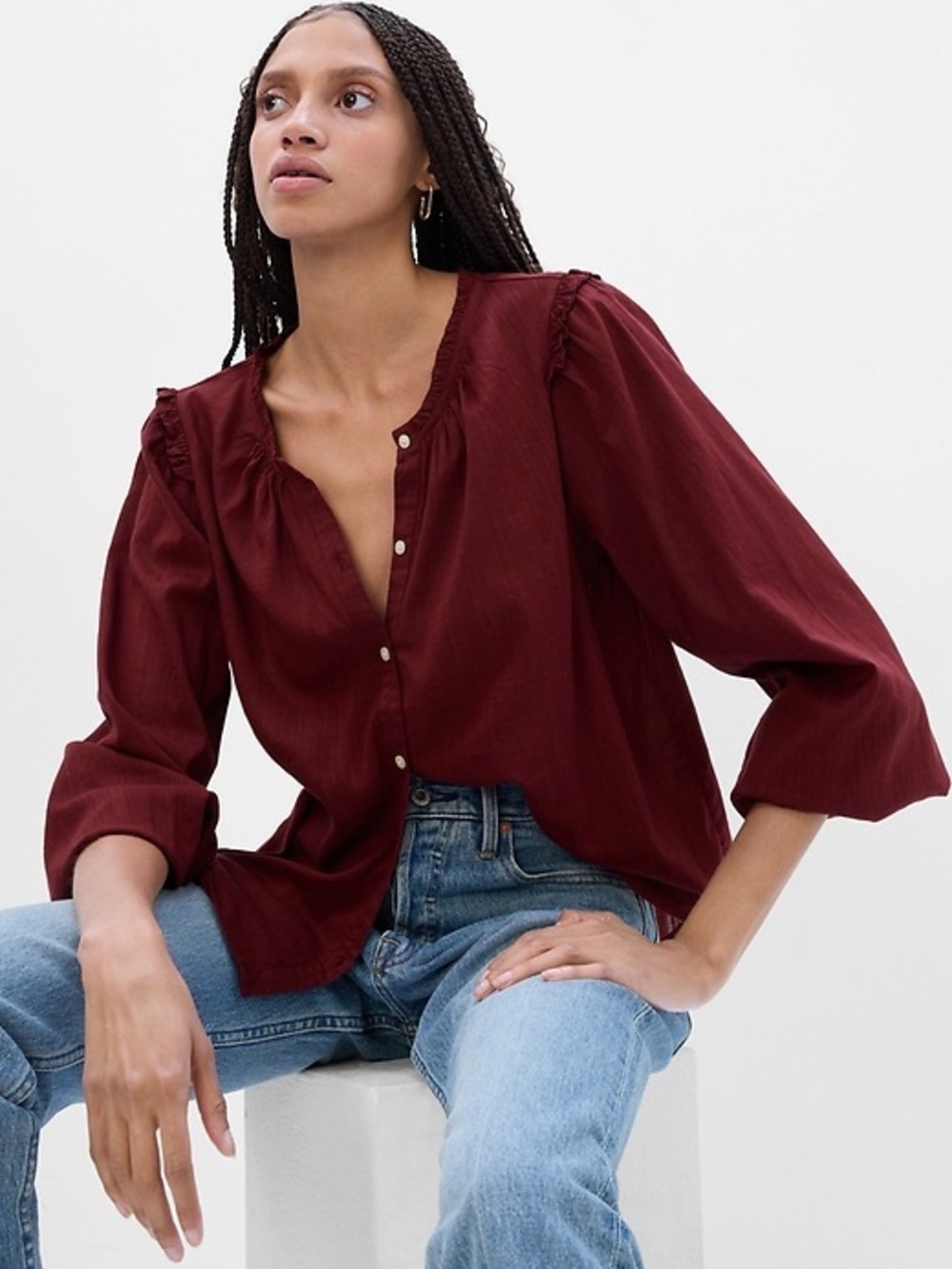 GAP Burgundy Button-Front Peasant Blouse